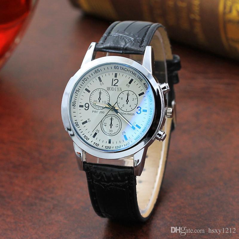 The New men watch blue glass inmitation leather strap quartz movement 2