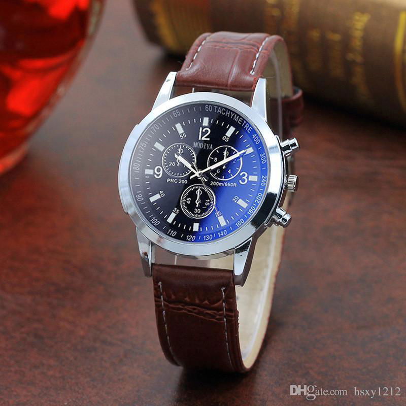 The New men watch blue glass inmitation leather strap quartz movement 3