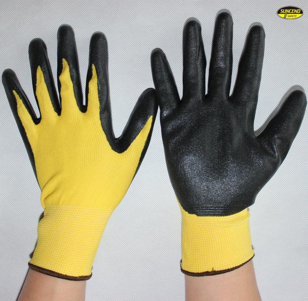 Soft oil resistant 13g polyester foam nitrile coated gloves 5