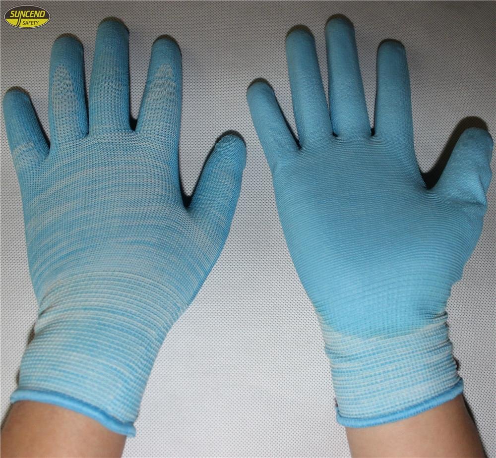 Anti static colorful polyester liner PU coated gloves 5