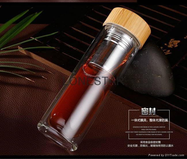 new style 500ml high borosilicate double wall glass bottle with bamboo lid 4