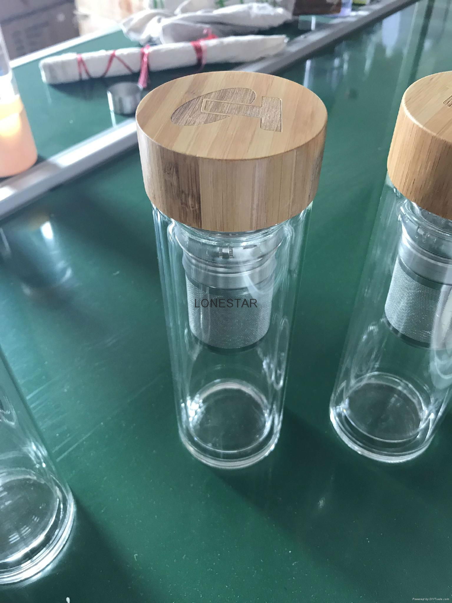 new style 500ml high borosilicate double wall glass bottle with bamboo lid 5