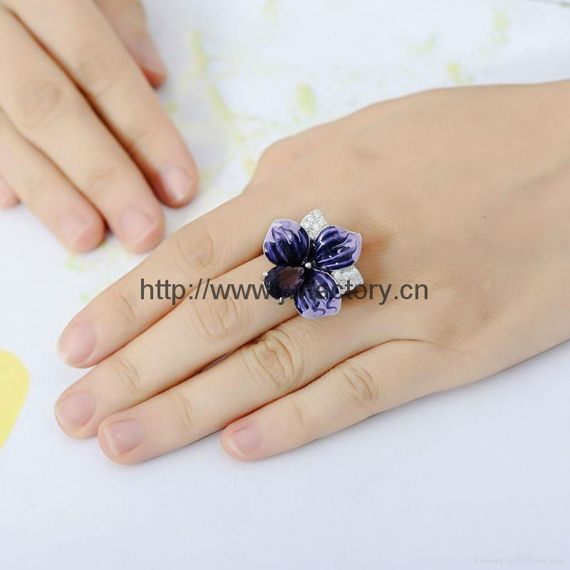 Enamel ring, purple simulation 3D Flower Jewelry OEM wholesale 3