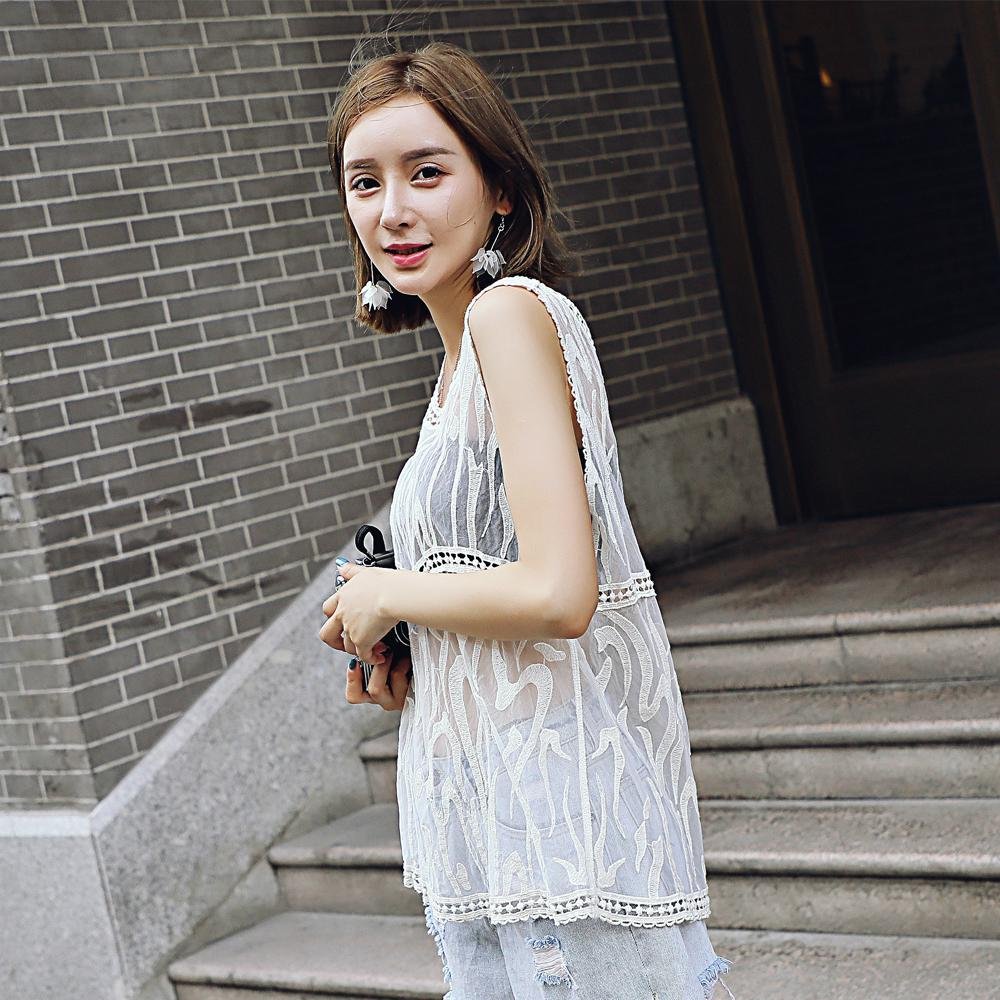 Lace embroidery blouse sleeveless net yarn lace blouse summer explosion style la 5