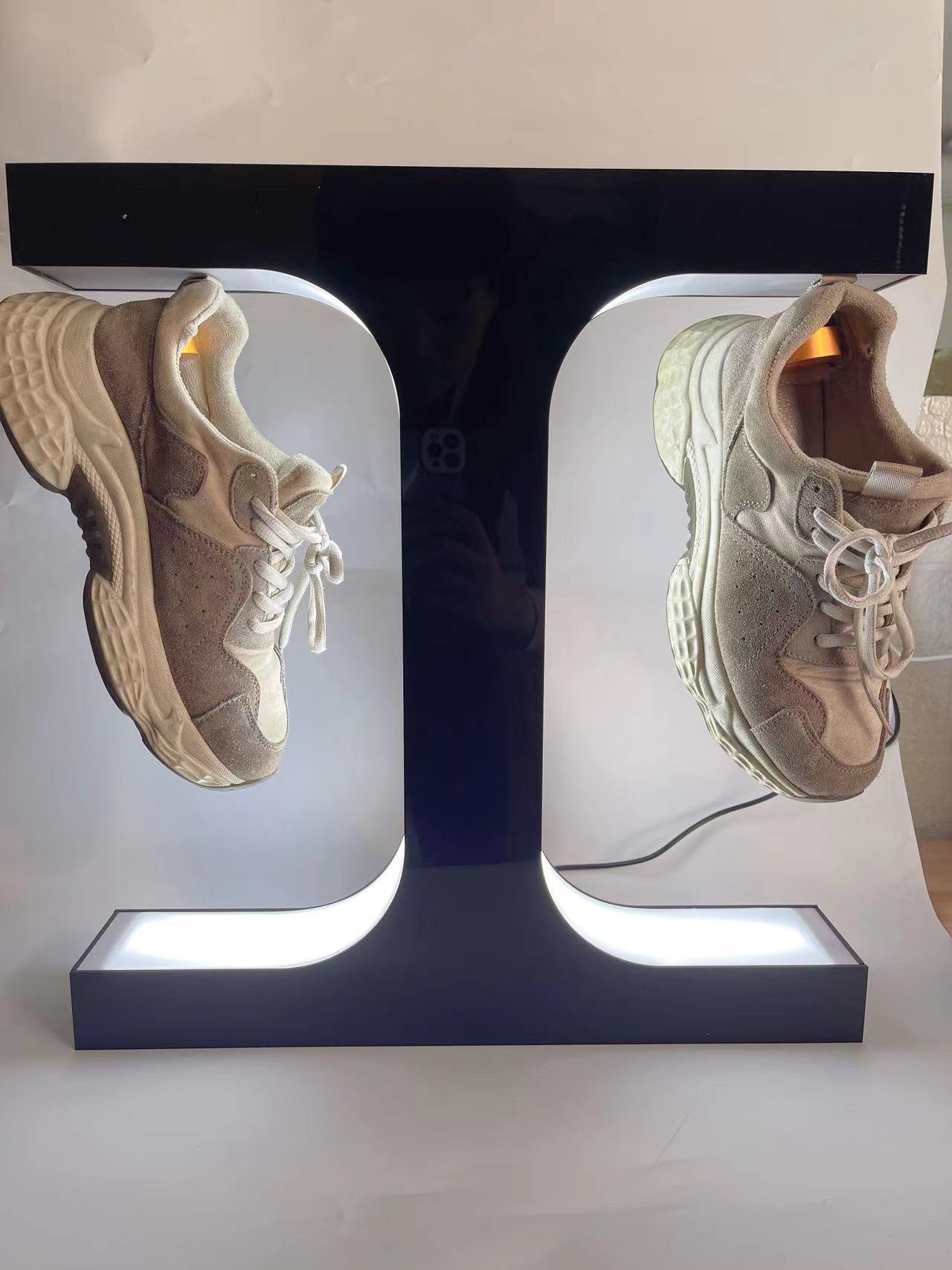 customize magnetic levitation floating double shoes display racks with led light 2