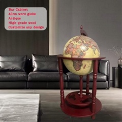 16th Century Italian Wood Globe Wine Bar with Liquor Shelf, Old World Map, Globe