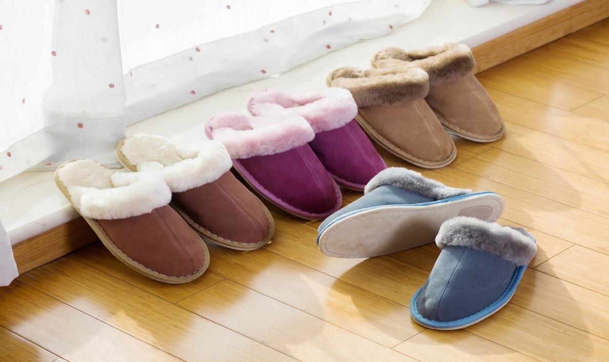 Real Fur Sheepskin Slipper with Cow Leather Face Indoor Slippers - MYC ...