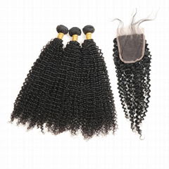 8A Brazilian Kinky Curly Human Virgin Hair Weave 3 Bundles With Lace Closure