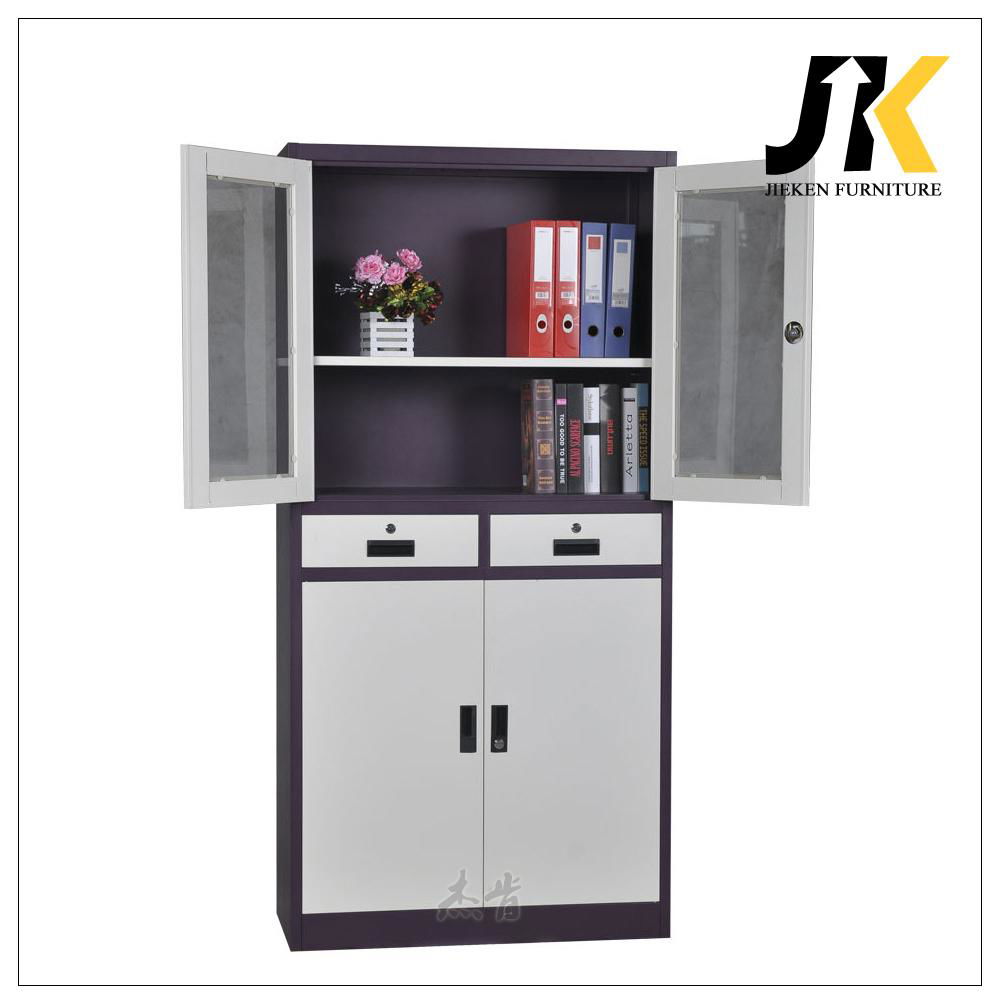 Cheap two upper glass doors metal storage cabinets with two drawers for sale 3