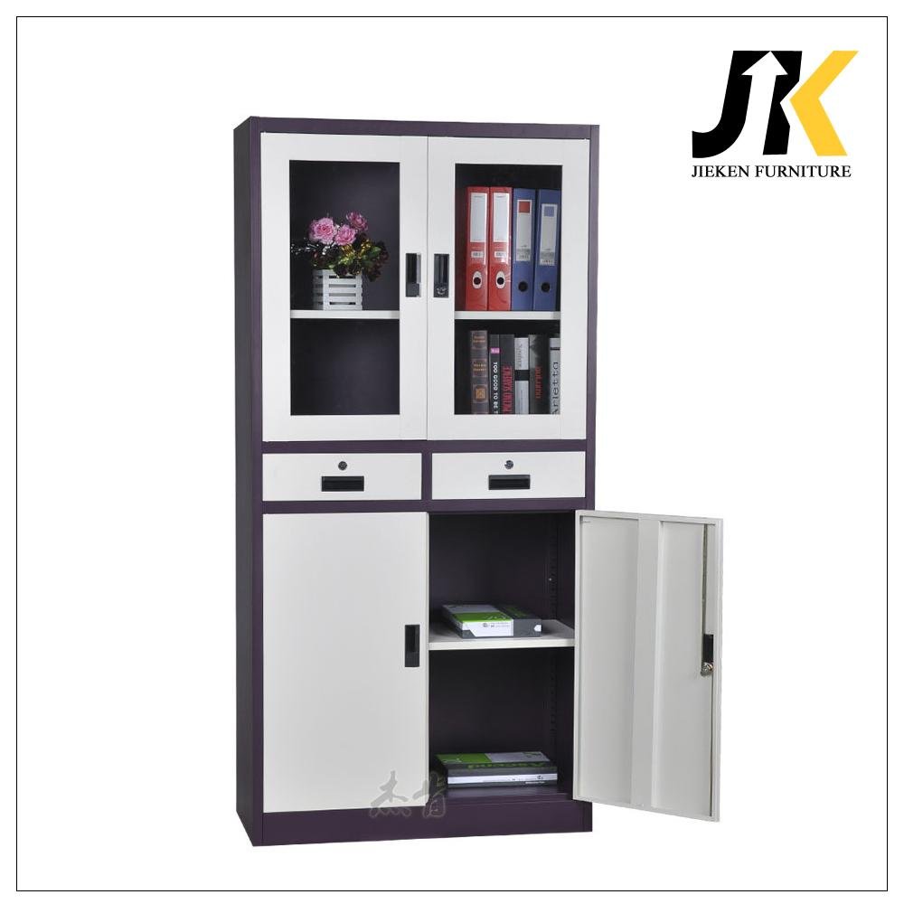 Cheap two upper glass doors metal storage cabinets with two drawers for sale 4