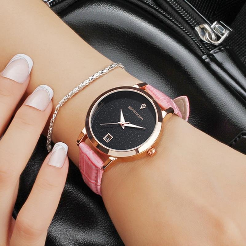 石英機芯手錶黑色防水皮革女性時尚浪漫手錶