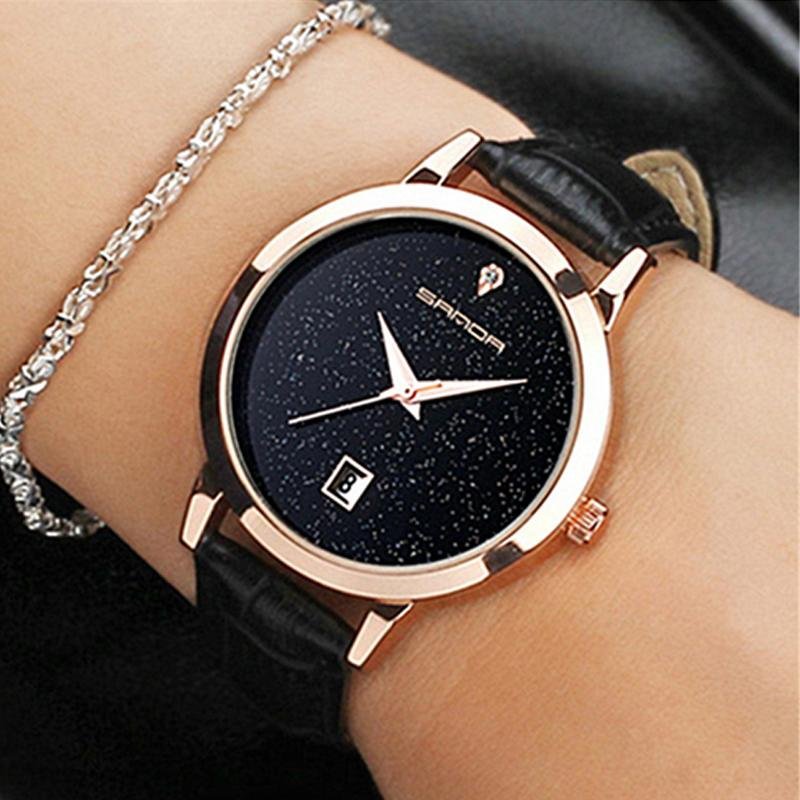 石英機芯手錶黑色防水皮革女性時尚浪漫手錶 2