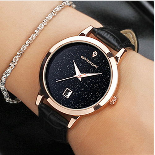 石英機芯手錶黑色防水皮革女性時尚浪漫手錶 3
