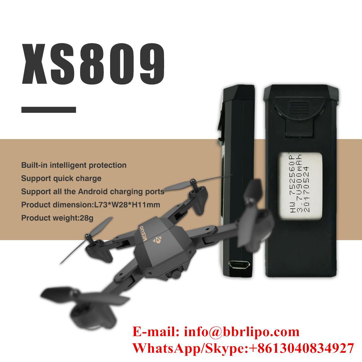 900mAh XS809 3.7V lipo battery for visuo drone xs809hw. 2