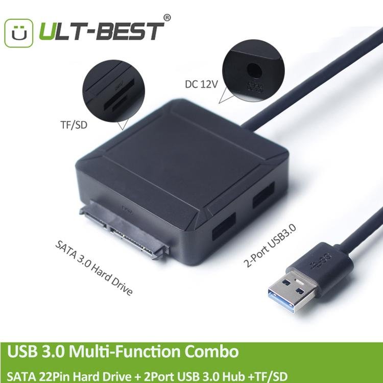 USB 3.0 to SATA 3.0 with 2 port USB 3.0 and TF SD Card reader Converter Cable 