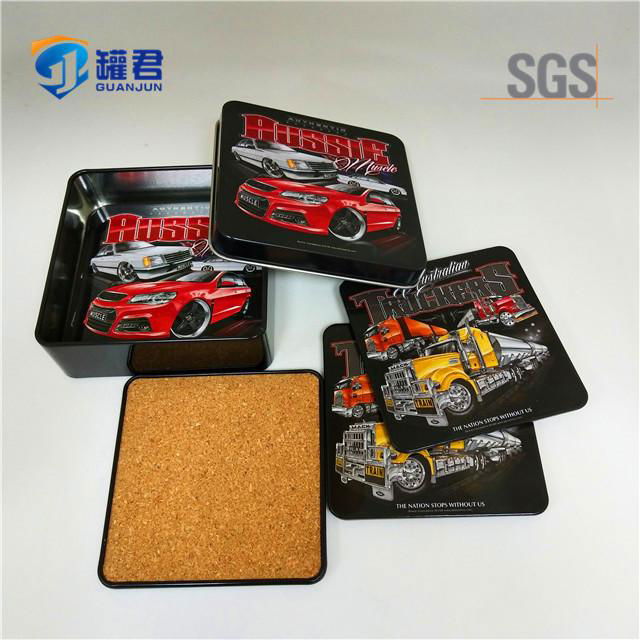 wholesale square tinplate cork beer coaster set with tin box 2