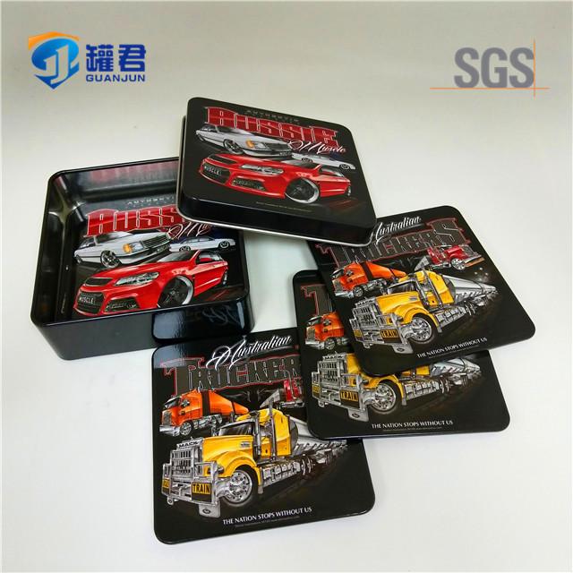 wholesale square tinplate cork beer coaster set with tin box 4