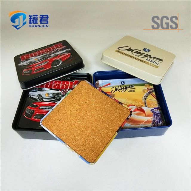 wholesale square tinplate cork beer coaster set with tin box