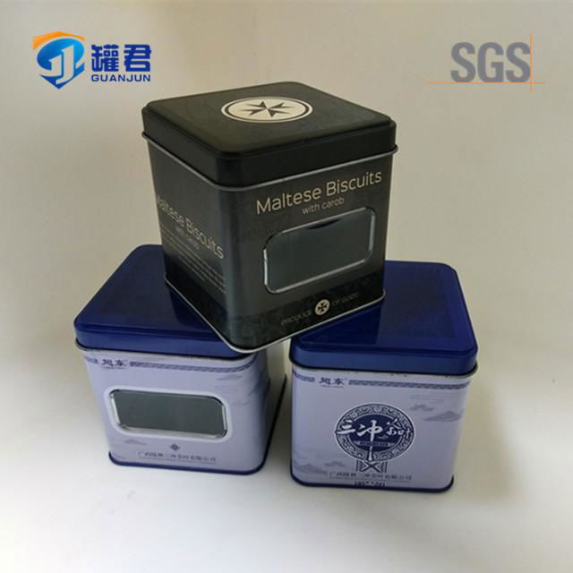 high quality square biscuit packaging tin box with clear PET window