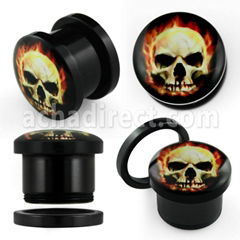 Screw-fit plug with diabolic skull in flames logo	