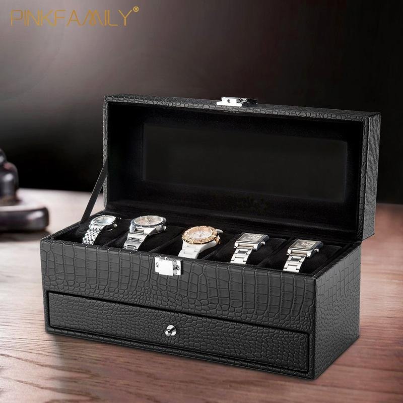 Faux Crocodile Leather Glass Lid  5-Slot Watch Box Bottom Jewelry Tray Display S