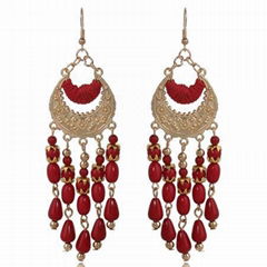 Fashion Jewelry Curved Crescent Bohemian Beaded Tassel Long Drop Earrings