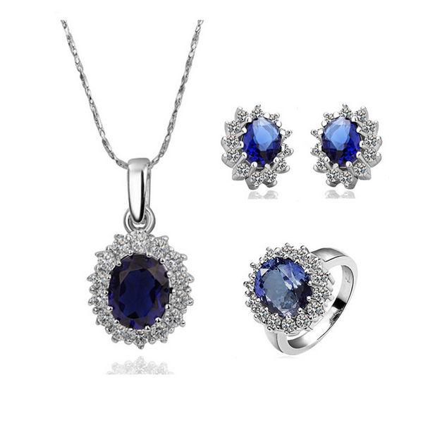 Women Classic Style Elegant Sapphire Gemstone Zircon Flower Jewelry Set