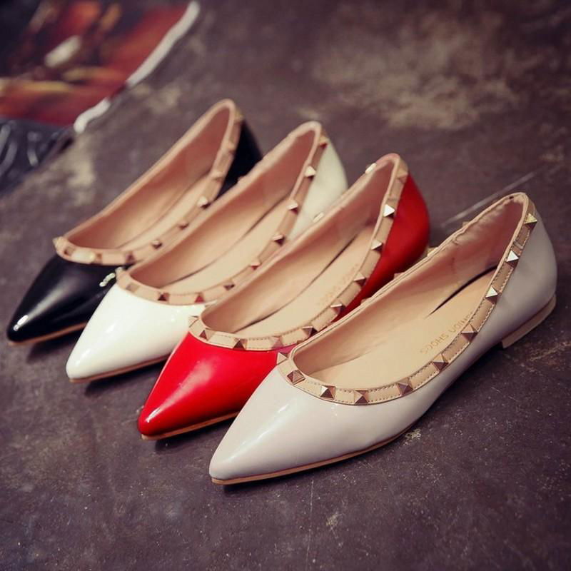 2018 High Quality Genuine Leather Pointed Toe Rivets Women Low Heels Shoes Candy 2