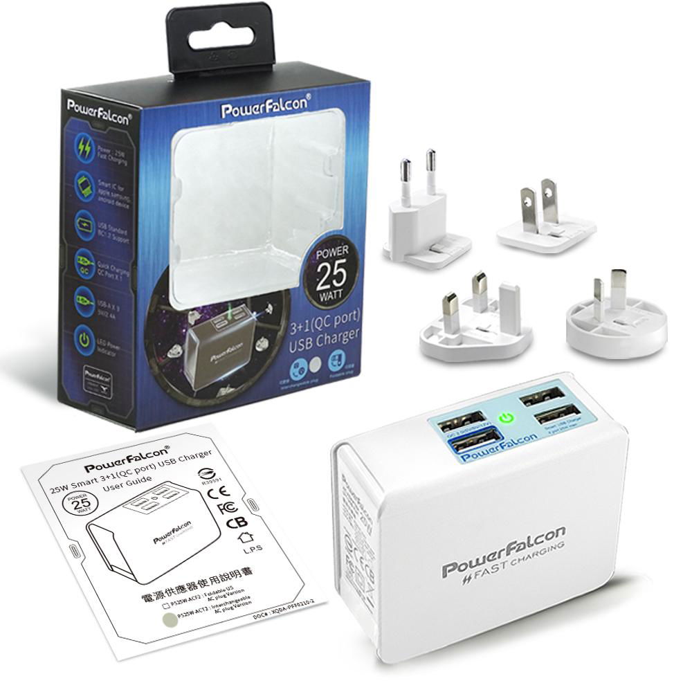 PowerFalcon Smart 3+1 port Charger with 4 Interchangable AC Plugs EU/AU/UK/US 5