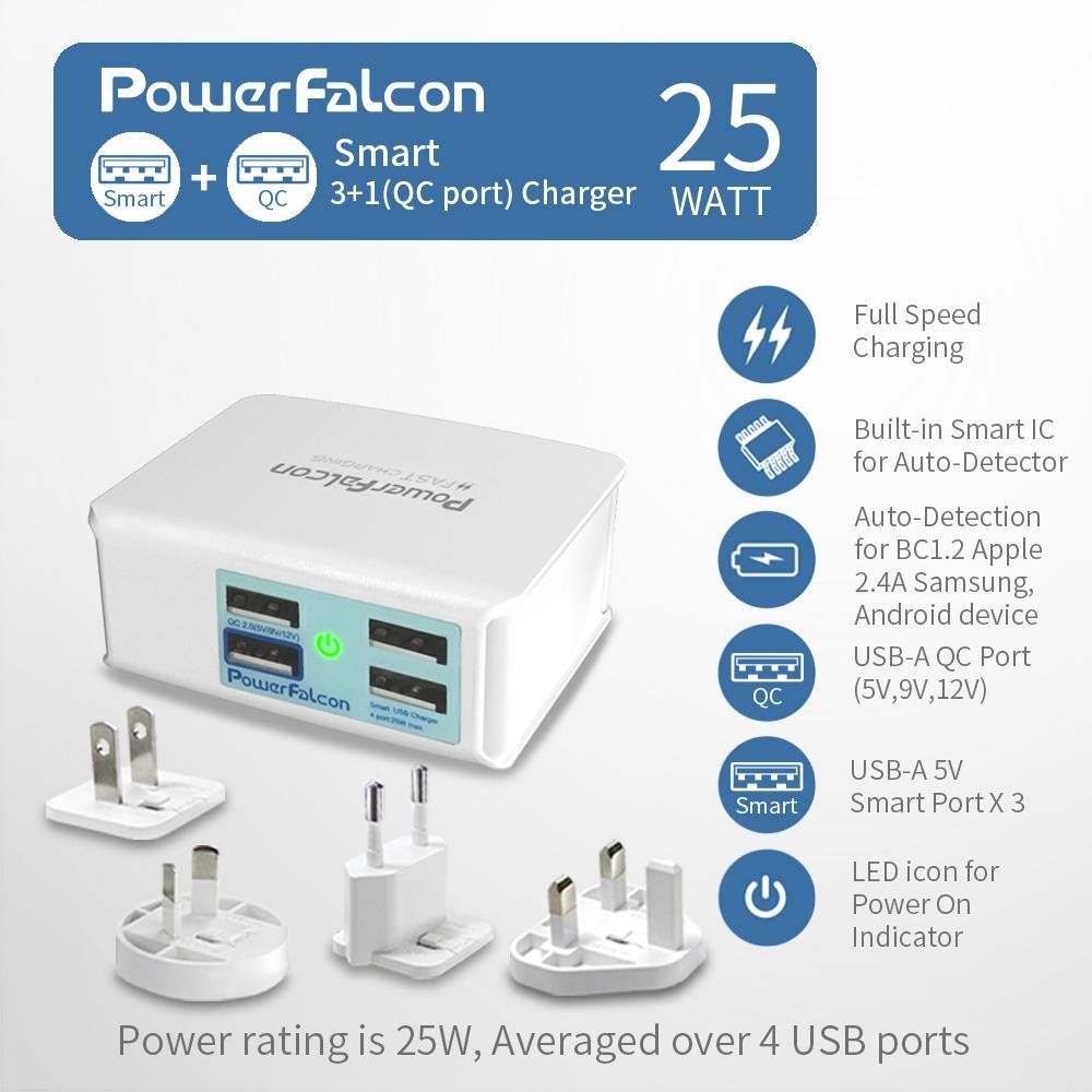 PowerFalcon Smart 3+1 port Charger with 4 Interchangable AC Plugs EU/AU/UK/US