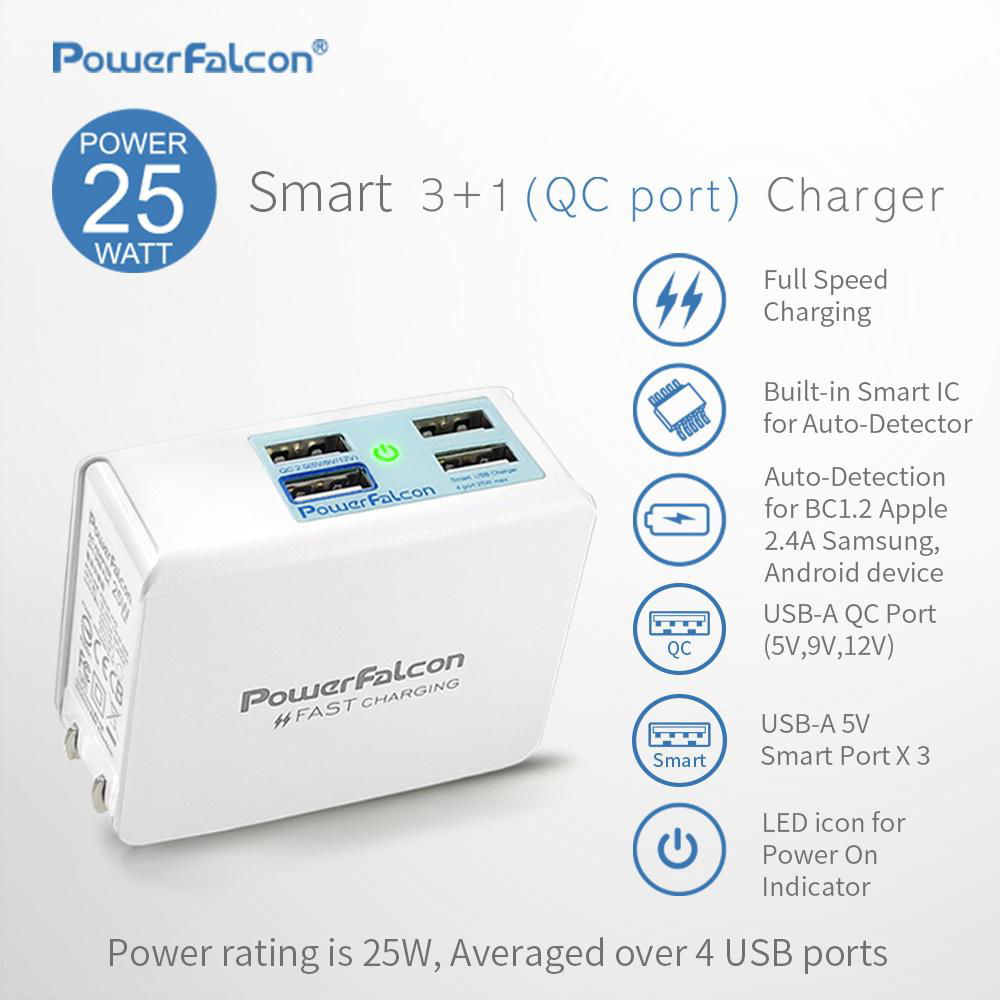 25W Smart 3(USB-A) +1(QC2) port Charger, 4 USB-A output ports, Foldable AC Plug 2