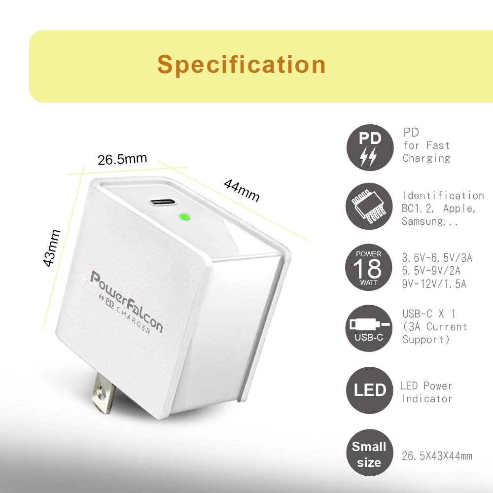 PowerFalcon 18W USB-C PD QC2 Wall Charger for iPhone X, Switch 2
