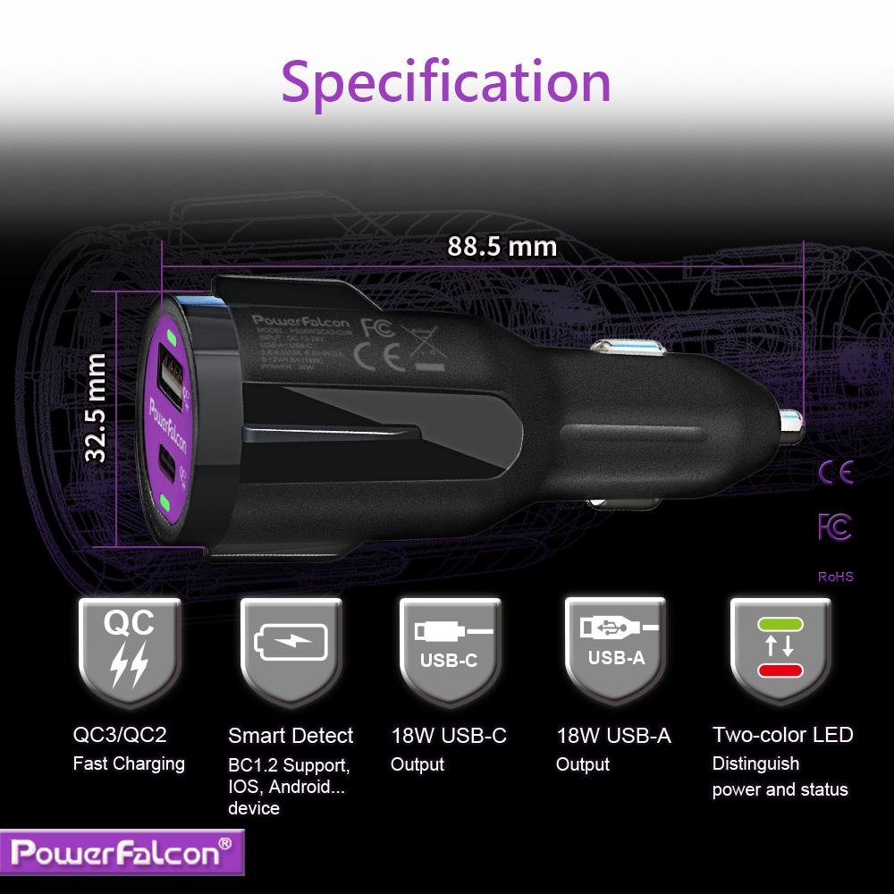 PowerFalcon 36W Dual QC3 (USB-C + USB-A) Car Charger