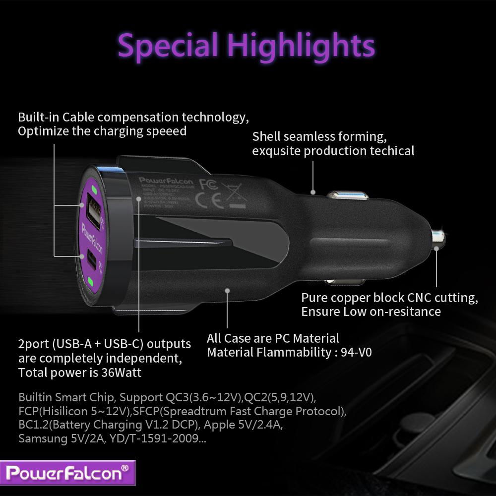 PowerFalcon 36W Dual QC3 (USB-C + USB-A) Car Charger  2