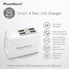 PowerFalcon 25W 5V 4 USB Ports Smart Charger, Foldable AC Plug