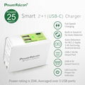 25W Smart 2(USB-A) +1(USB-C) port Charger, 3 USB output, Foldable AC Plug 1