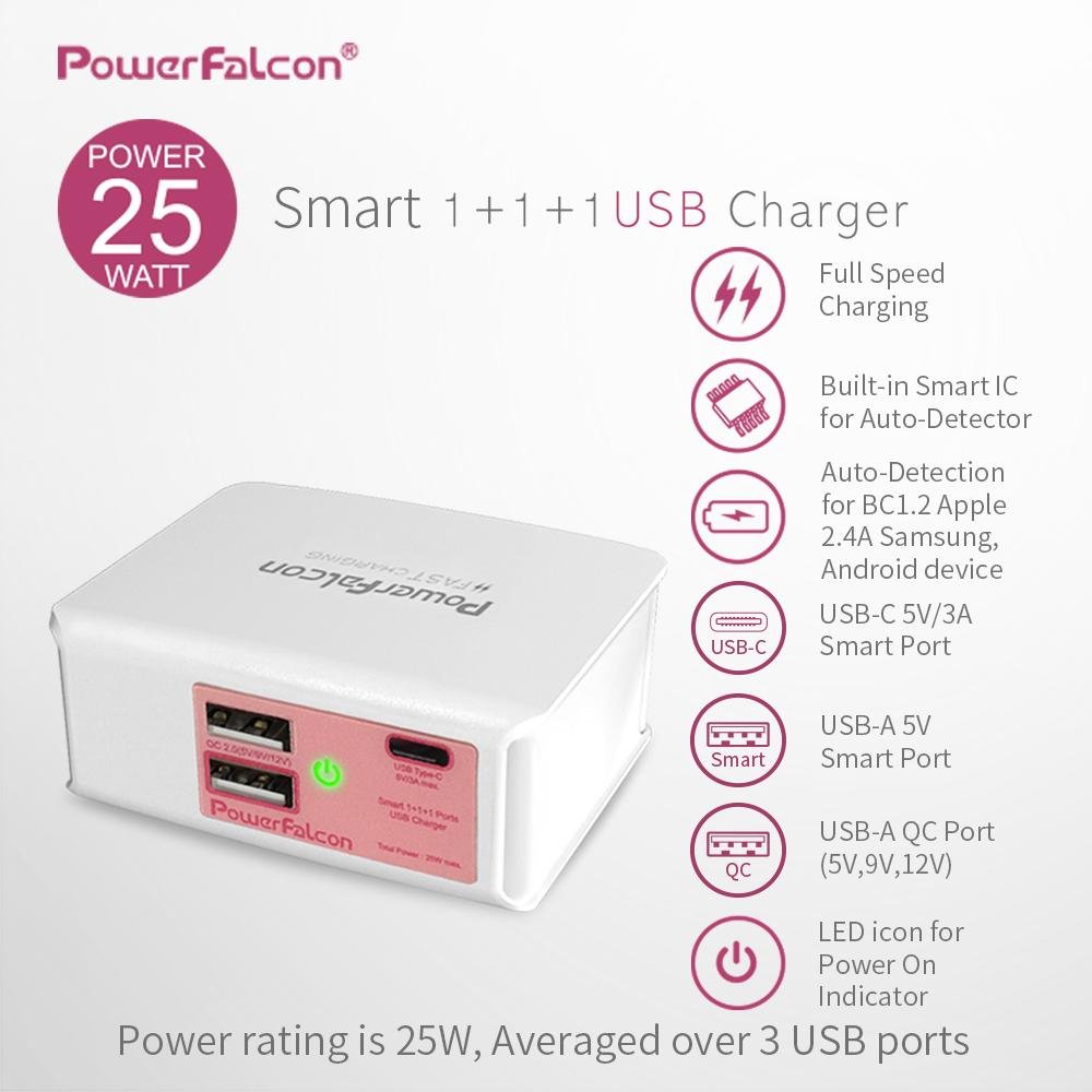 PowerFalcon 25W Smart 1(USB-C)+1(QC2)+1(USB-A) port Charger, Foldable AC Plug 1