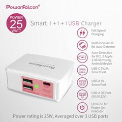 PowerFalcon 25W Smart 1(USB-C)+1(QC2)+1(USB-A) port Charger, Foldable AC Plug