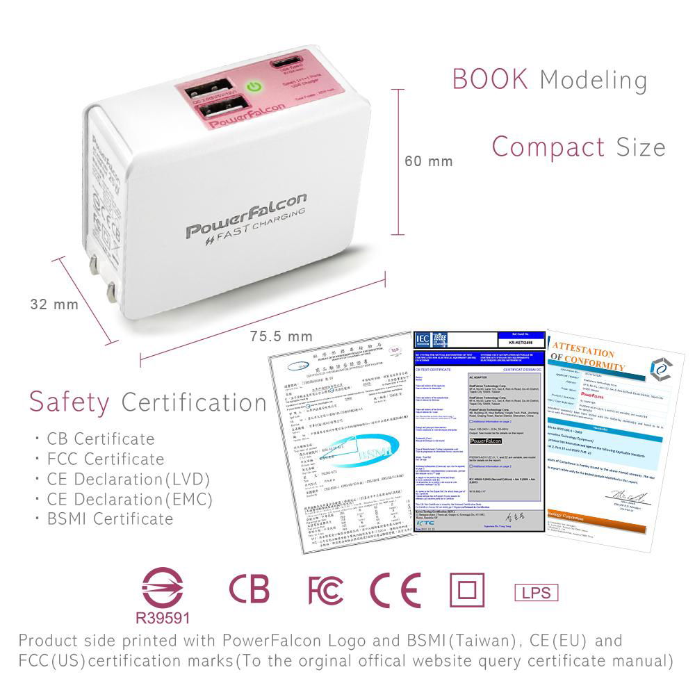 PowerFalcon 25W Smart 1(USB-C)+1(QC2)+1(USB-A) port Charger, Foldable AC Plug 4