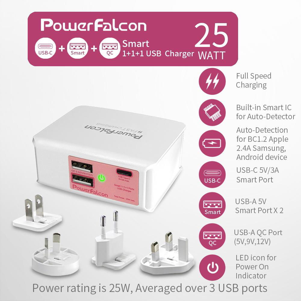 PowerFalcon USB 多口 多國可換頭充電器 25W智能旅行快充(粉色)