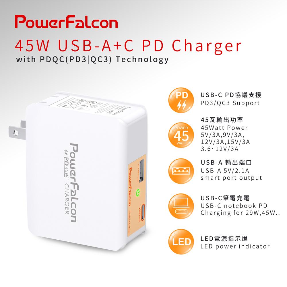 PowerFalcon 45W PD dual port (USB-C+USB-A) charger / foldable