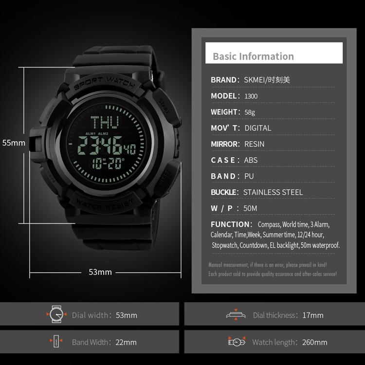 Skmei 1300 popular sports wrist wacth with Digital movement and EL backlight for 5