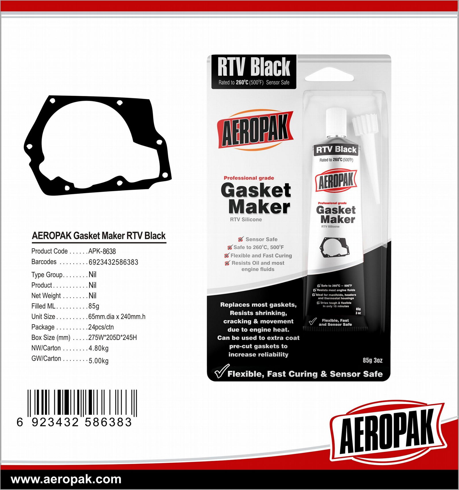 AEROPAK 85g Hi-Temp RTV Gasket Maker Silicone Sealant with Red/Black/Scarlet/Cop 2