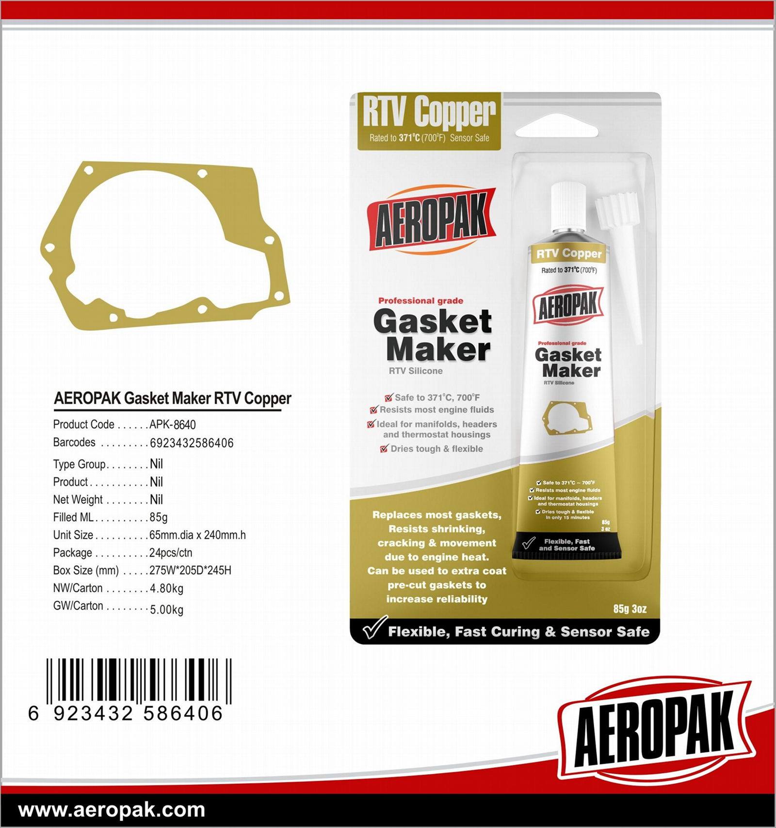 AEROPAK 85g Hi-Temp RTV Gasket Maker Silicone Sealant with Red/Black/Scarlet/Cop 3