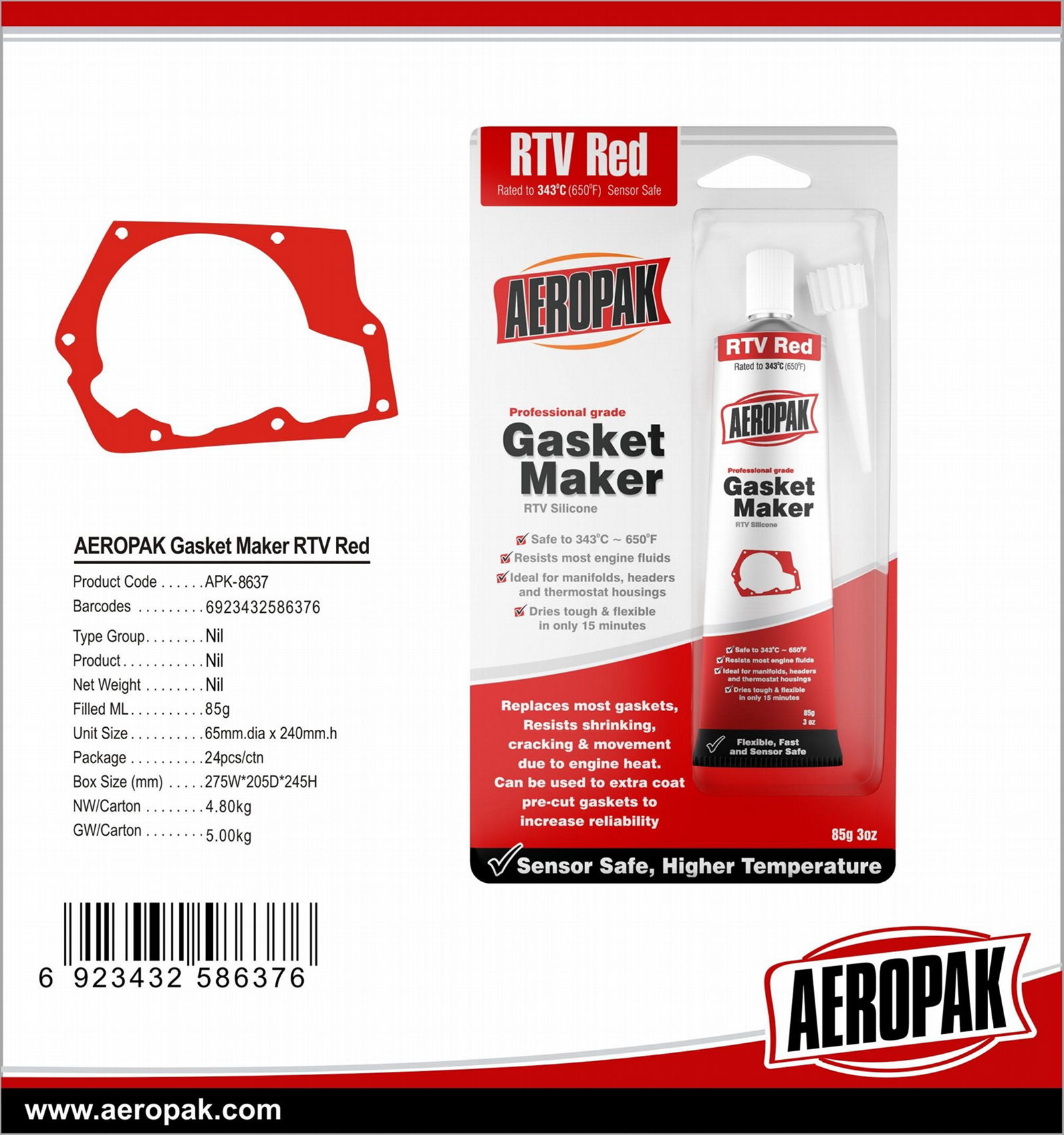 AEROPAK 85g Hi-Temp RTV Gasket Maker Silicone Sealant with Red/Black/Scarlet/Cop 4