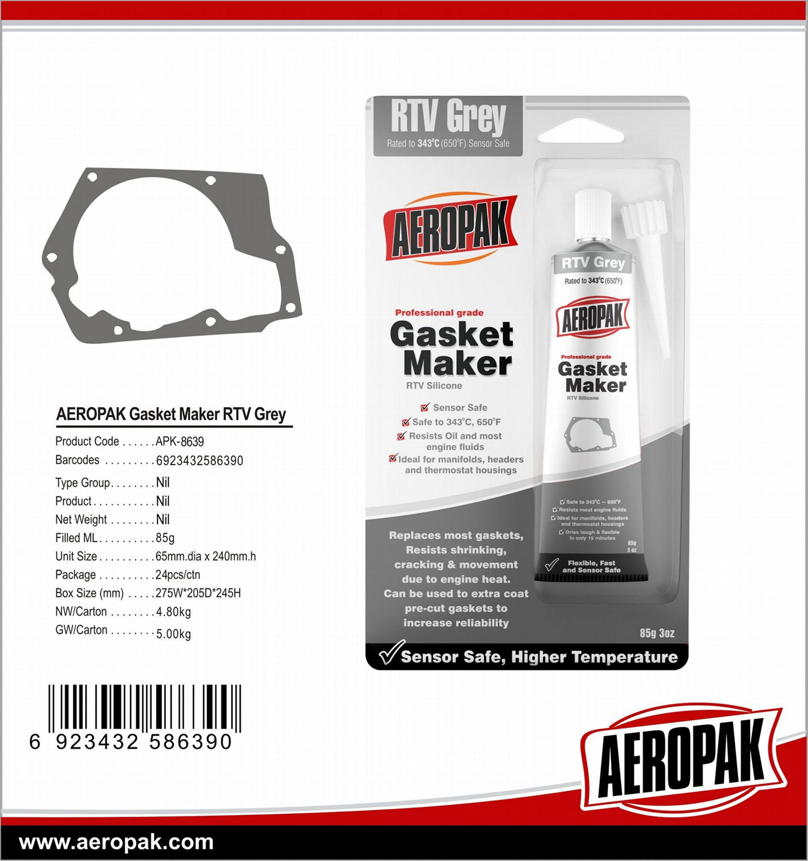 AEROPAK 85g Hi-Temp RTV Gasket Maker Silicone Sealant with Red/Black/Scarlet/Cop 5