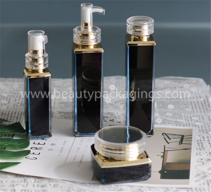 Gold Plating Acrylic Square Essence Lotion Bottle And Face Cream Jar Set
