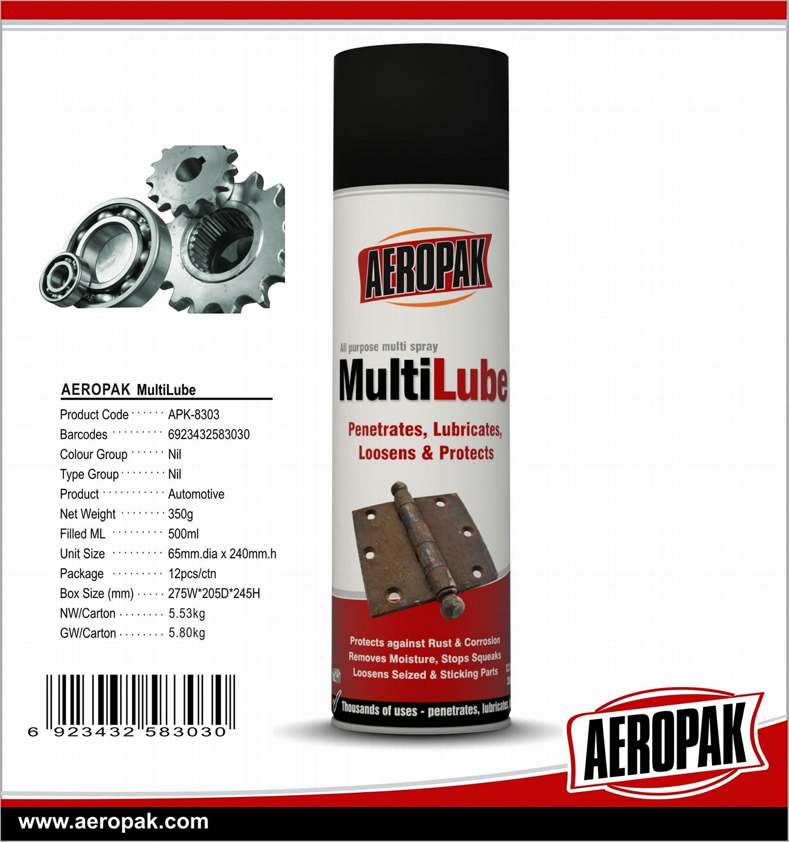 Aeropak 500ml Anti-Rust Agent Lubricant Spray MultiLube For Rust