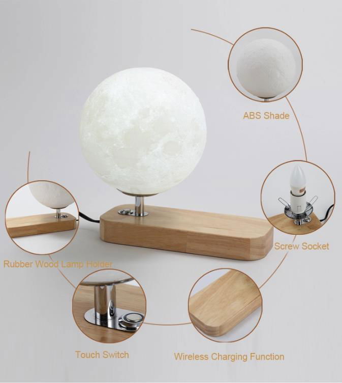 Hot sale 3W wireless charging moon lamp USB cable wooden table light for bedroom 5