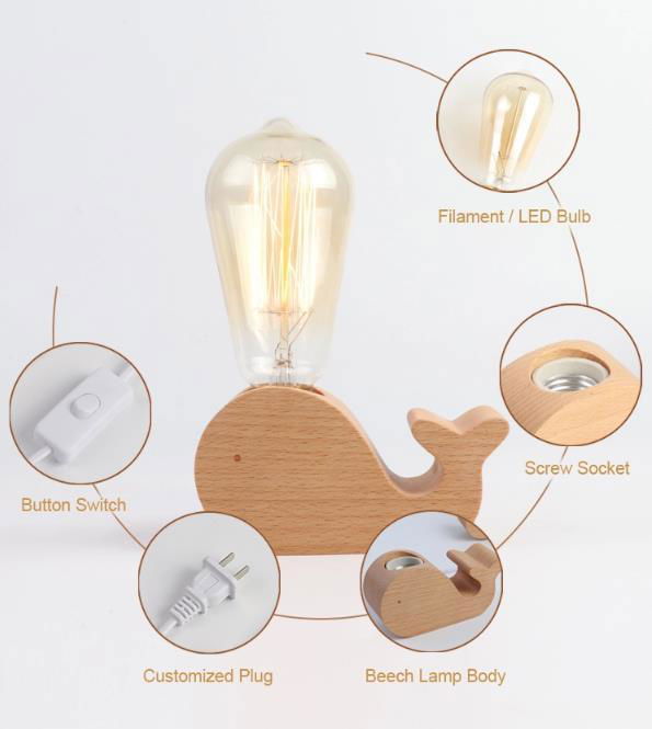 Natural wood base table lamp edison bulb light desk lamp with switch for home 3